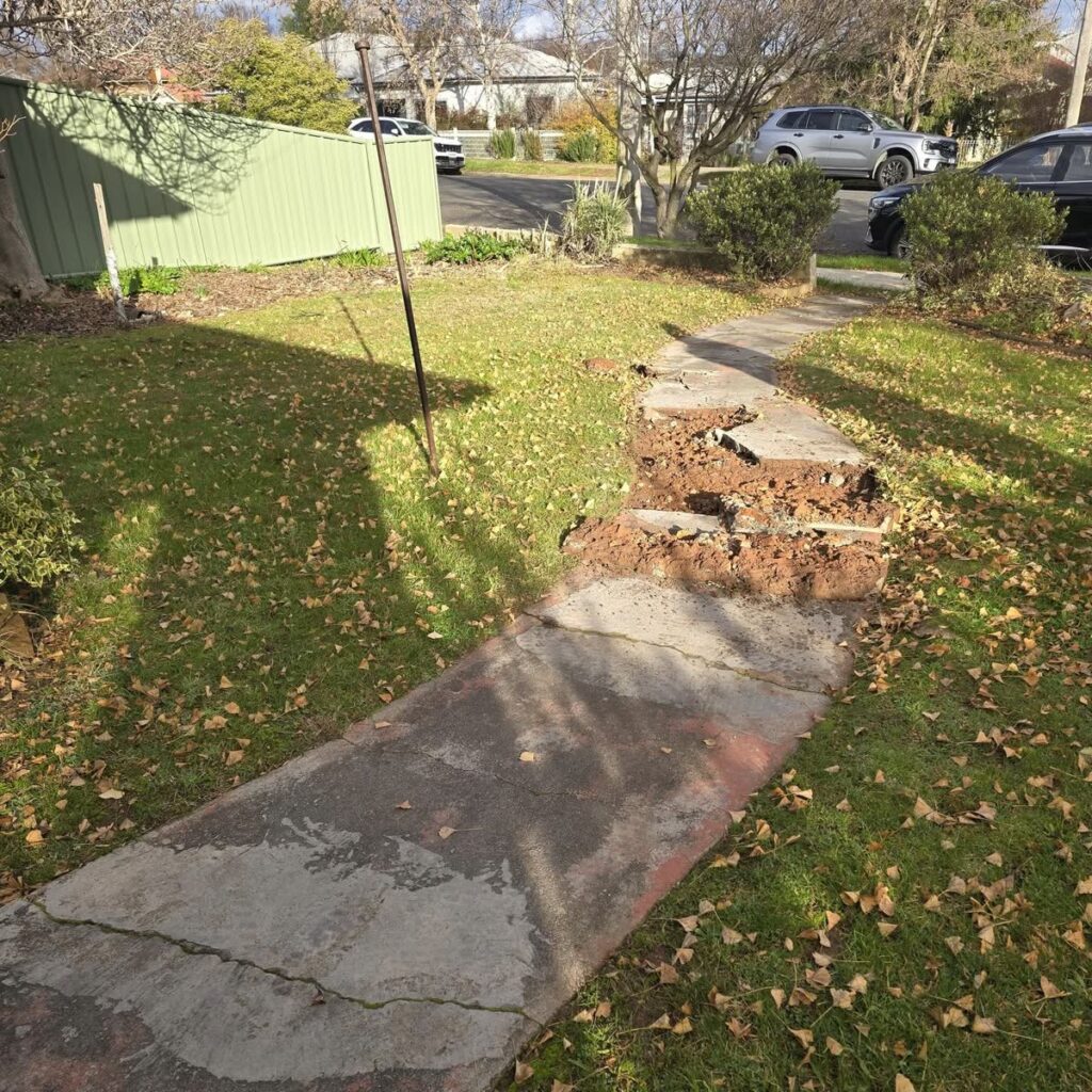 Curved steel garden edging filled with white pebbles beside a footpath